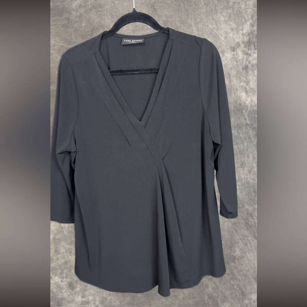 Lane Bryant Black V Neck Blouse 14/16 3/4 Sleeve Stretch Top
